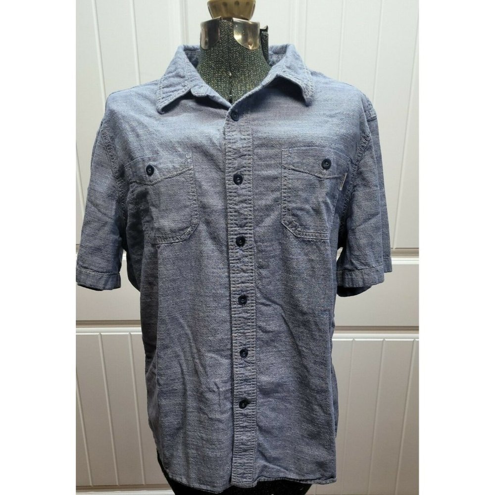 Woolrich Mens L Denim Short Sleeve Button Front Shirt Blue Medium Wash